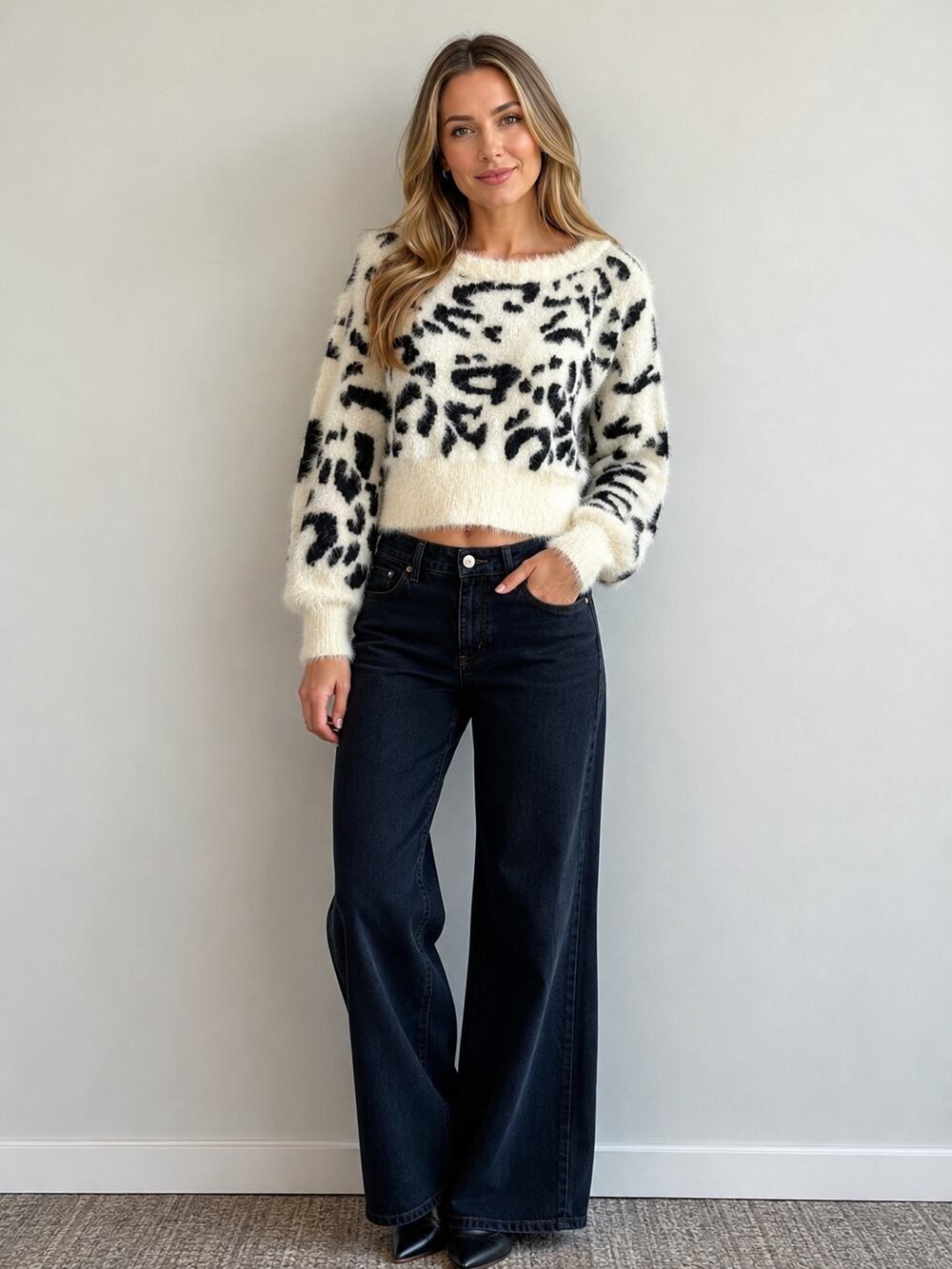 Blue Blush Leopard Print Crop Sweater - White Black - Small